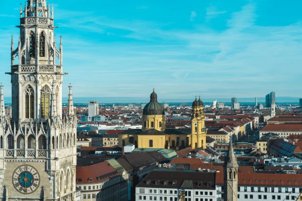 Stunning aerial view at famous Munich tourist sights. So called "Frauenkirche", "Marienplatz" and "Odeonsplatz" in frame.