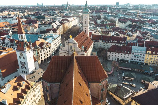 MUNICH, GERMANY - Feb 01, 2020: Stunning view at the skyline of munich. Aerial panorama view of bavarian city. Very popular tourist and travel destination.