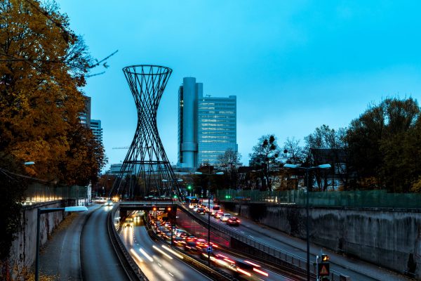 A wide angle shot of the city of Munich during a rush hour